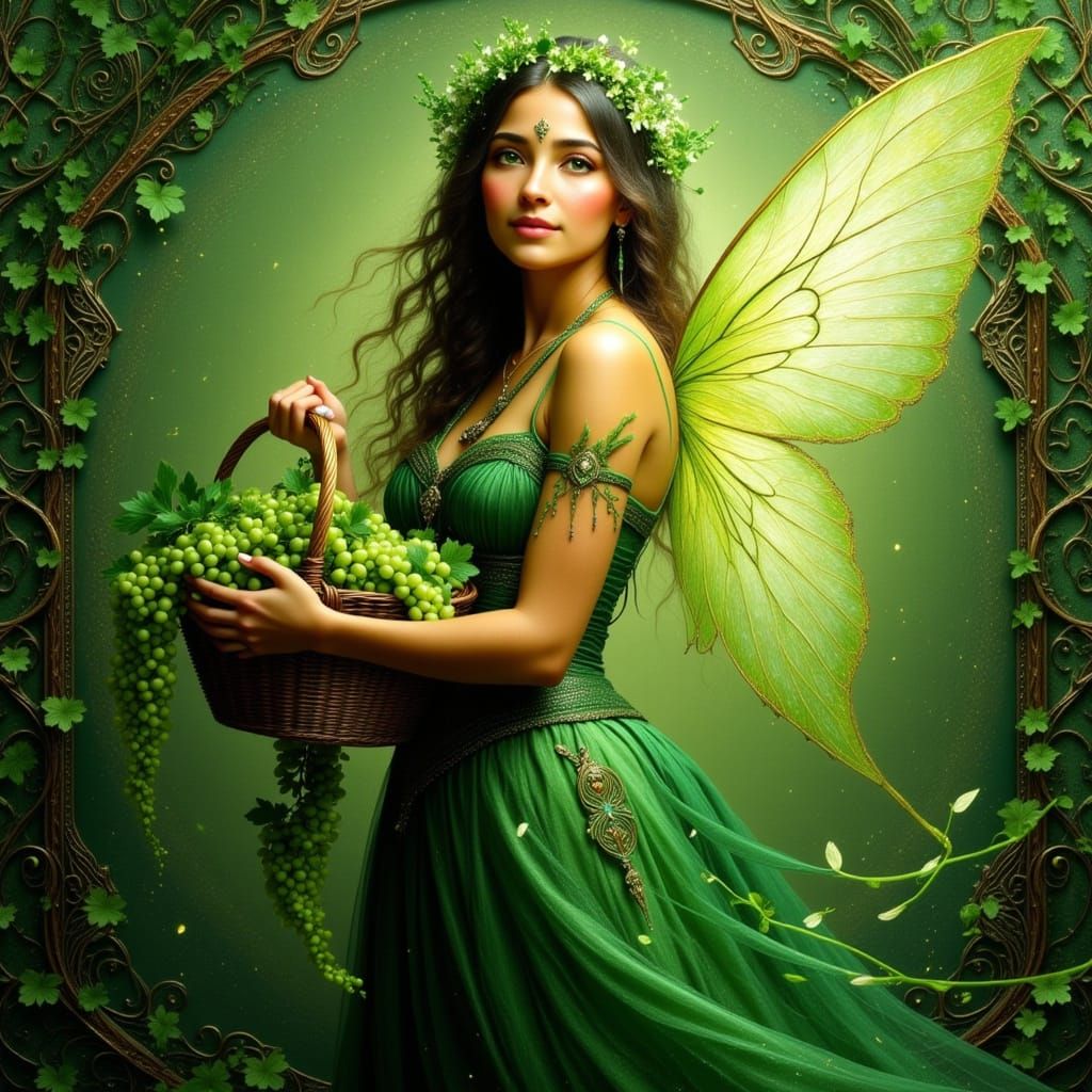 Green Fairy Queen with Grapes in Surreal Style