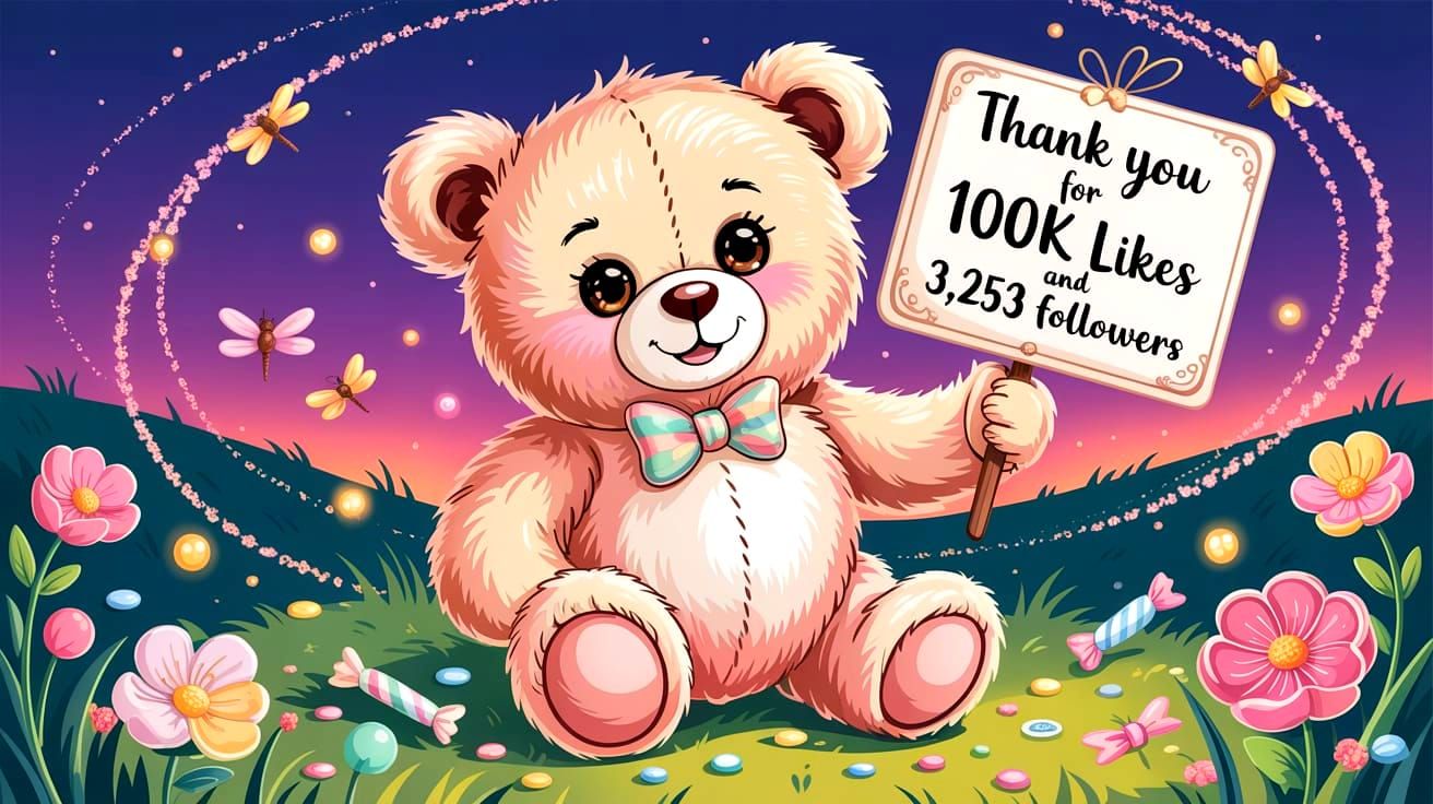 Whimsical Teddy Bear Thanks Fans with Sparkling Night Scene