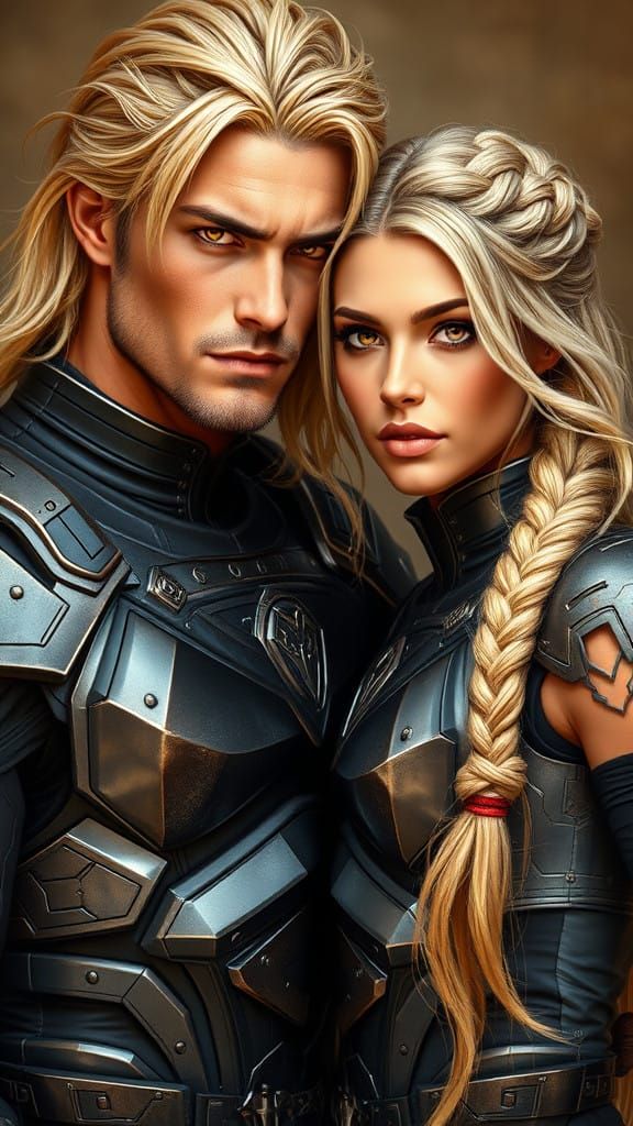 Golden Warrior and Goddess in Futuristic Armor