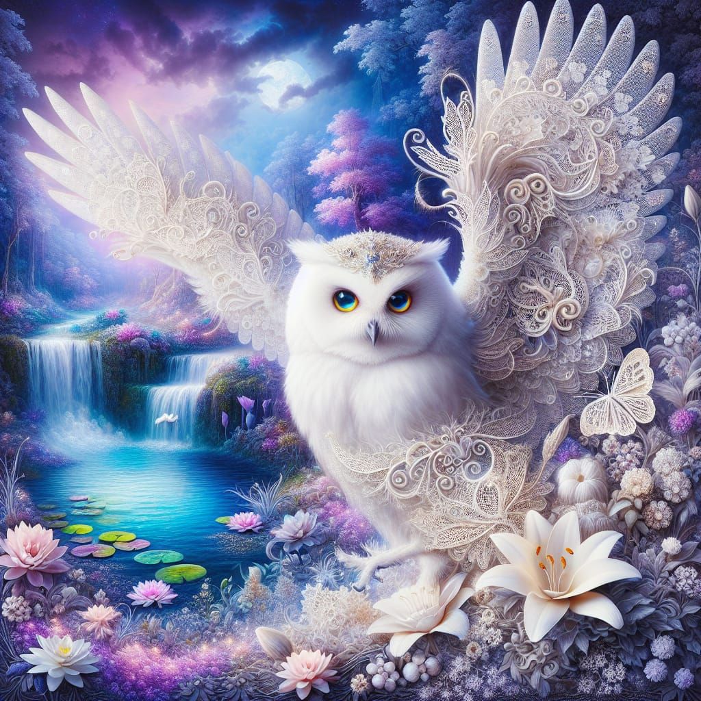 Pearlescent Owl in Flight Over Whimsical Landscape