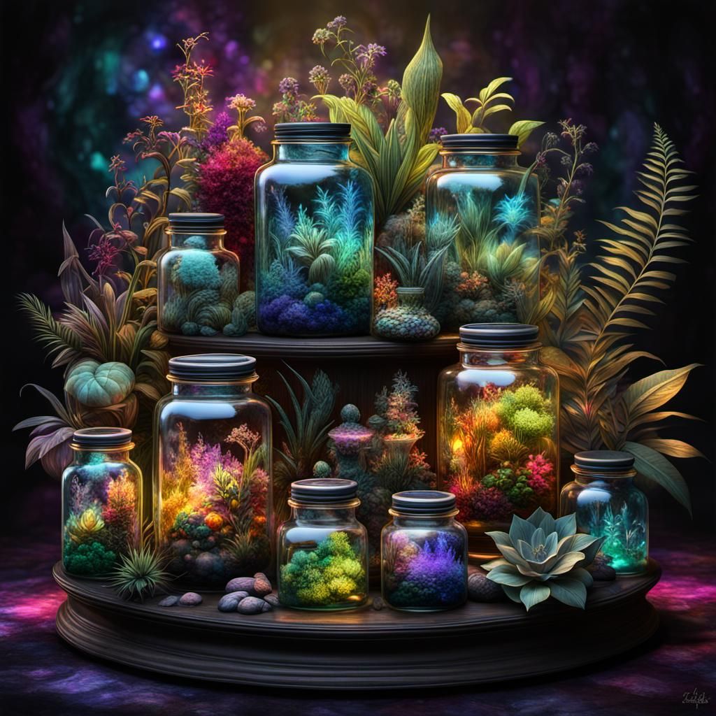 A collection of  detailed glass jars overflowing with a dive...