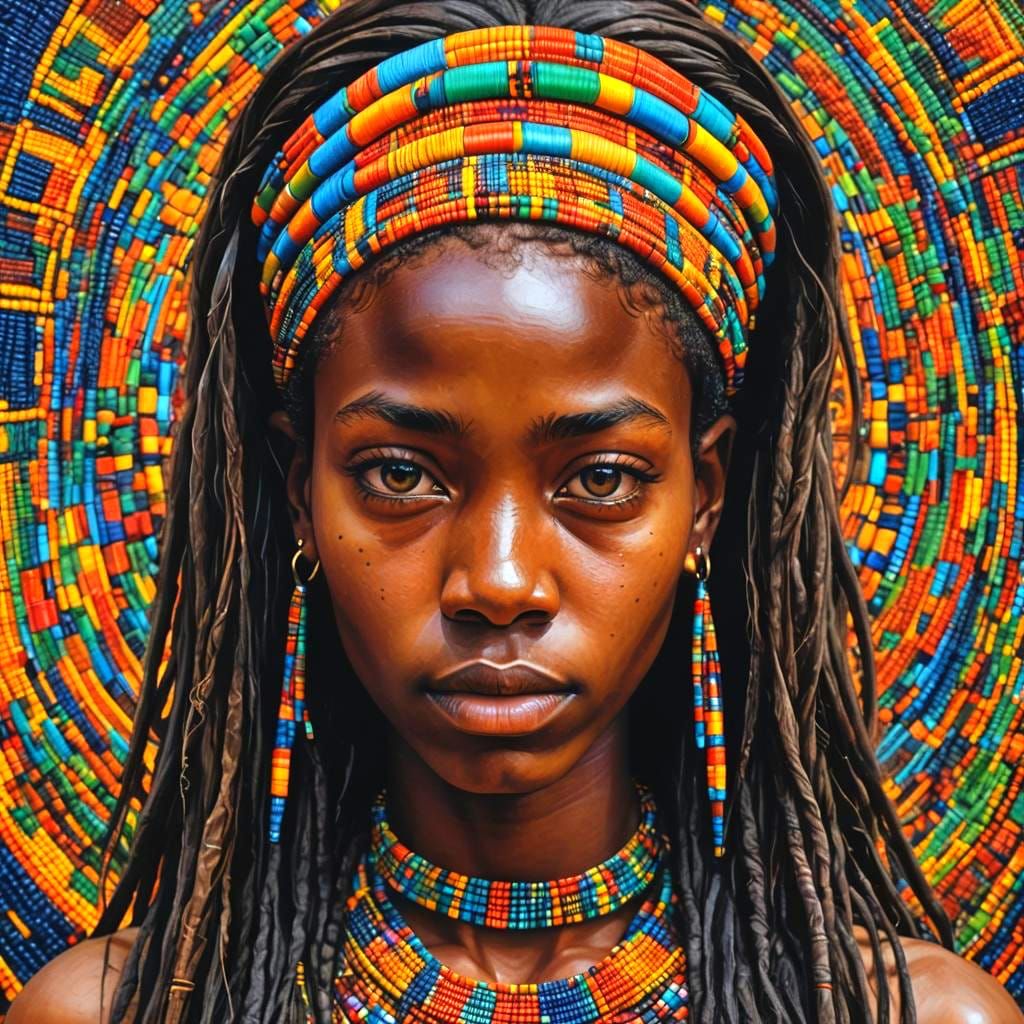 Young African Girl with Beaded Hair in Surreal Style