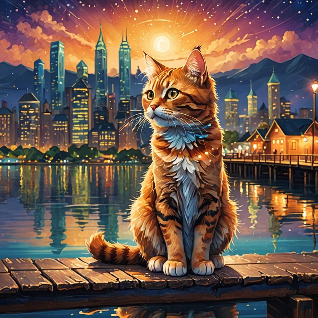 Cat Overlooking City Skyline in Digital Painting Style