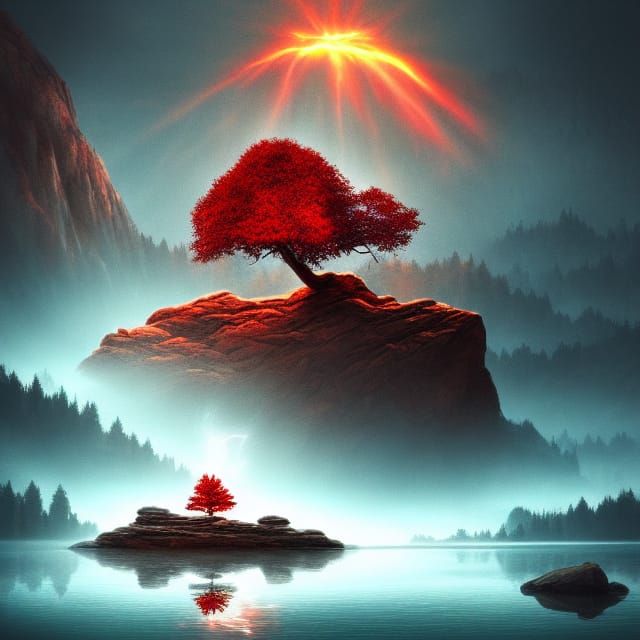 Lakeside Tree Rock with Dawn Light and Lightning