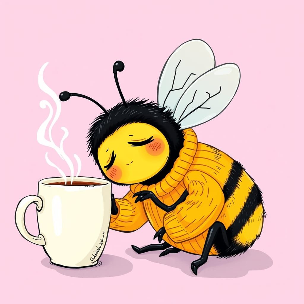 Sleepy Bumblebee trying to wake seeping coffee cartoon style