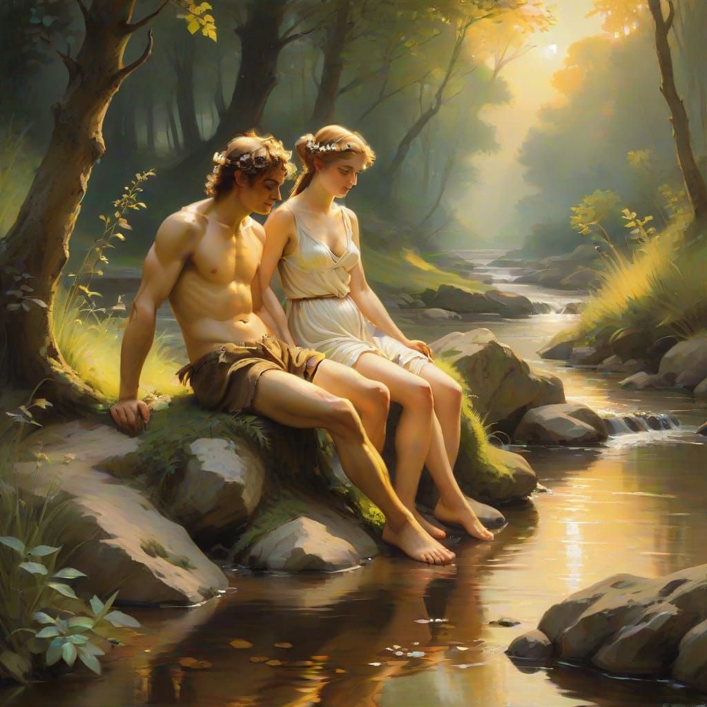 Nymph and Satyr in Golden Light: Oil Painting
