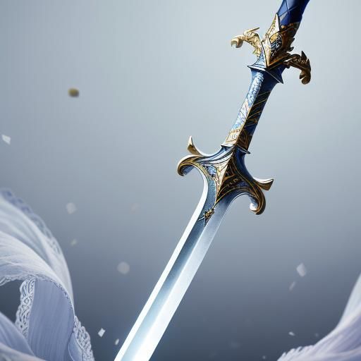 Fantasy mystical full-length sword falling in the air on a w...