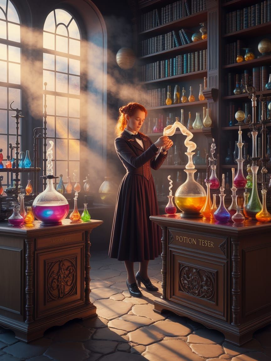Potion Tester in Sunlit Antique Laboratory