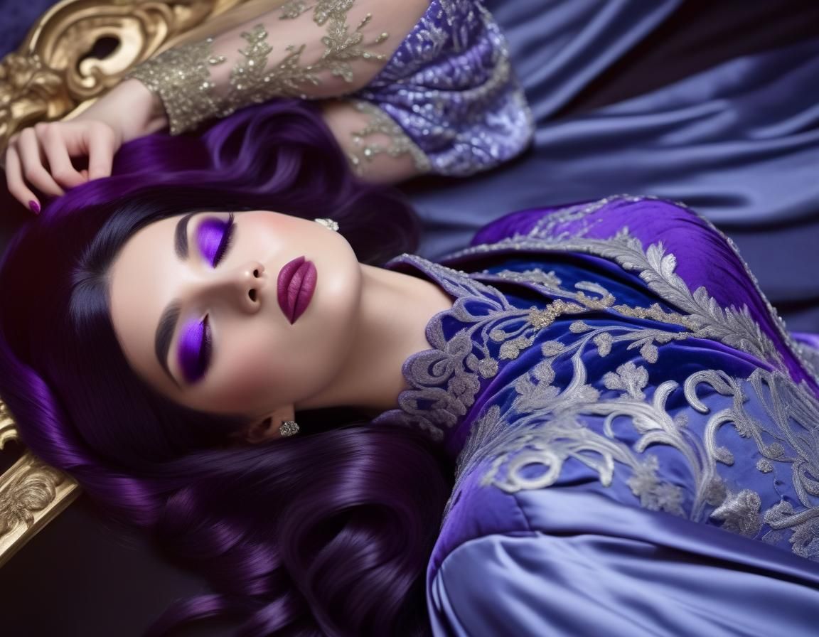 Elegant Young Queen with Violet Hair in Brocade Gown