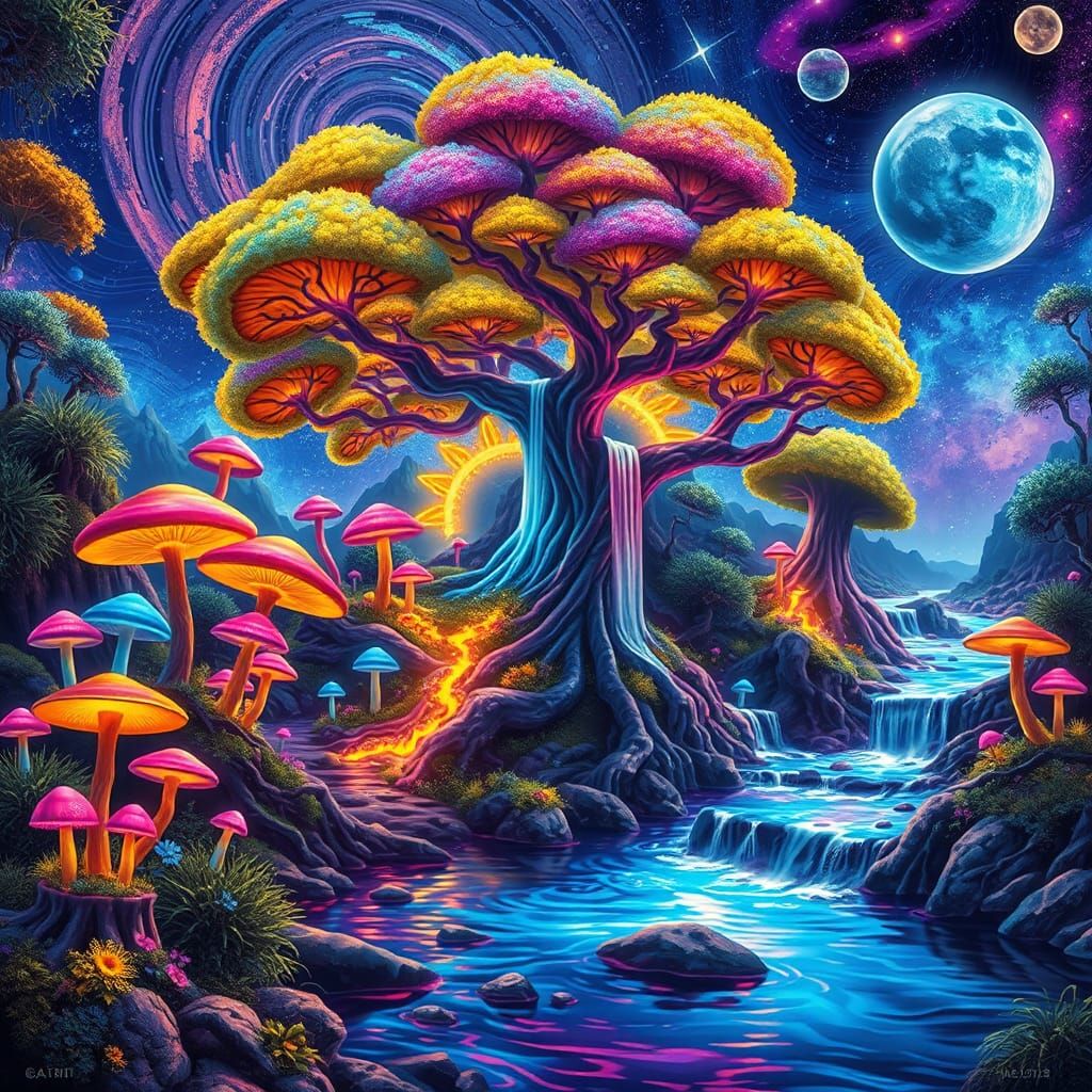 Neon Dreamscape: Bioluminescent River and Cosmic Sky