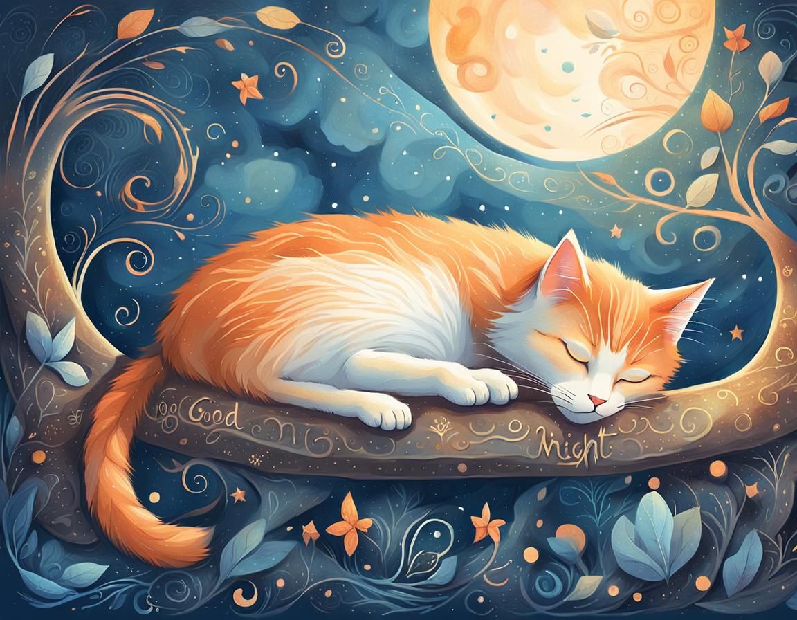 Sleeping Cat in Mystical Moonlit Fantasy Art