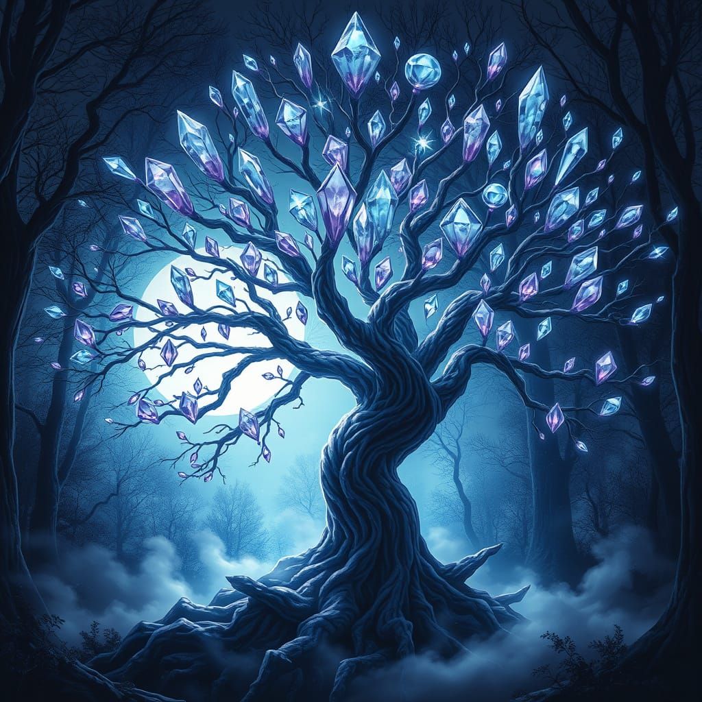 Moonlit Crystal Tree Radiates Magical Energy