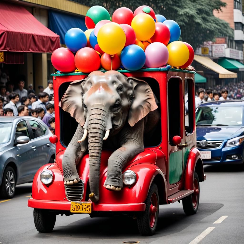Elephant in Clown Car: Humorous AI Image