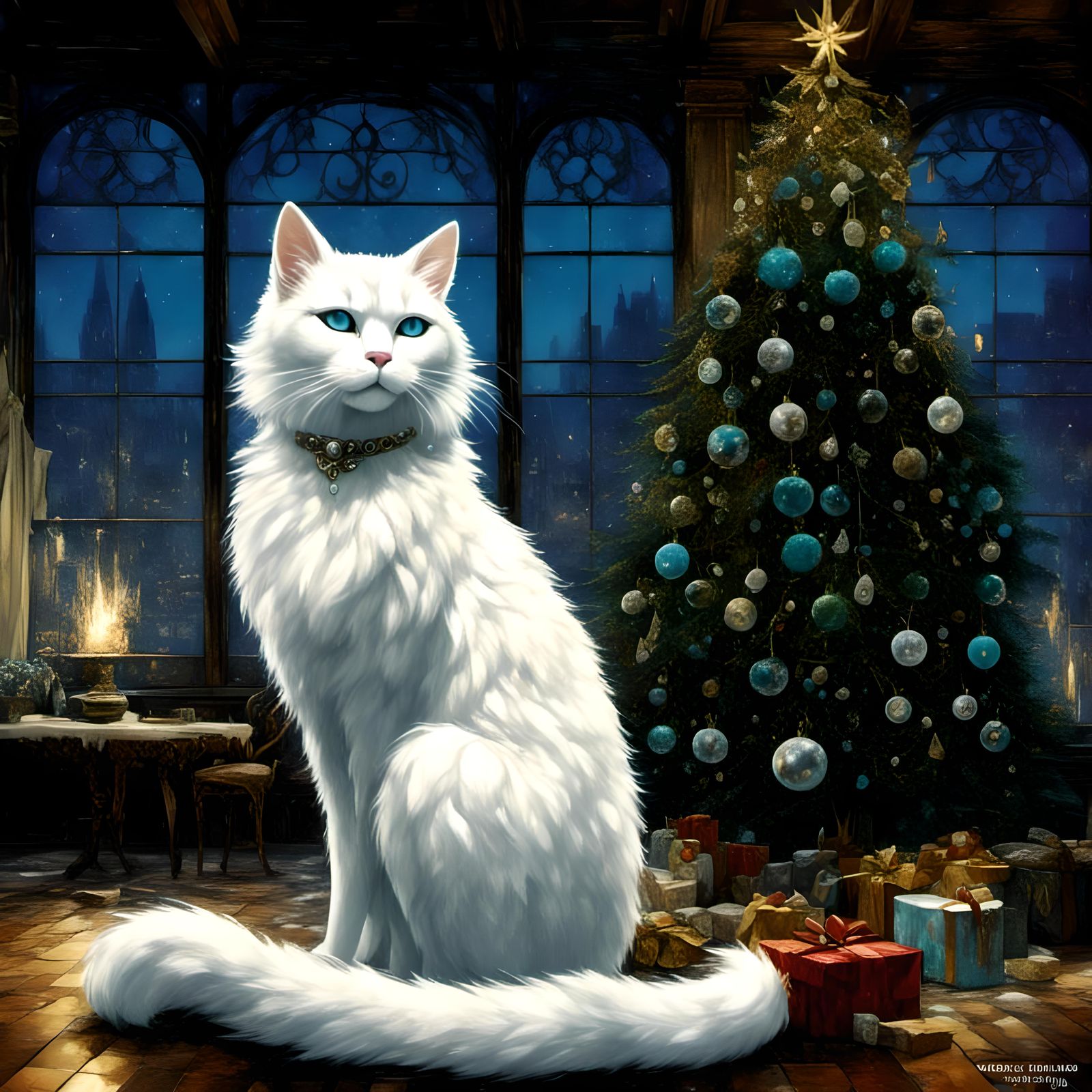 Fluffy White Cat Under Christmas Tree in Hyperrealism