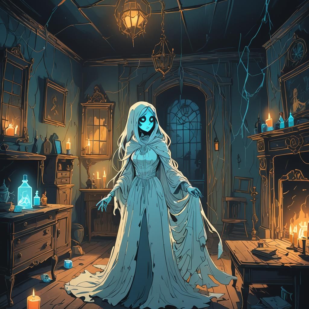 Ghost Girl Explores Haunted House in Cartoon Style