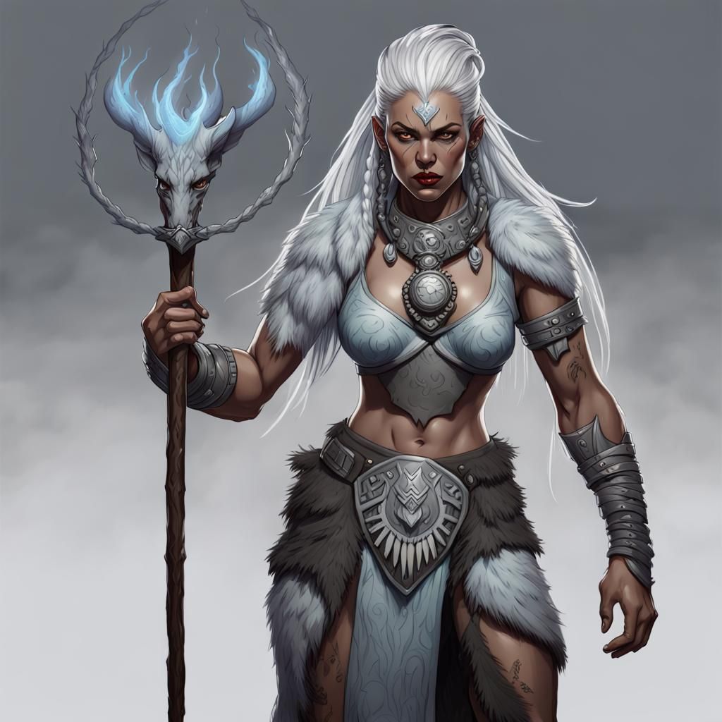Female Goliath Wildfire Druid in Dark Fantasy Style