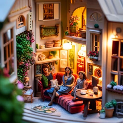 Intricate Miniature Dollhouse Scene with Cozy Living Room