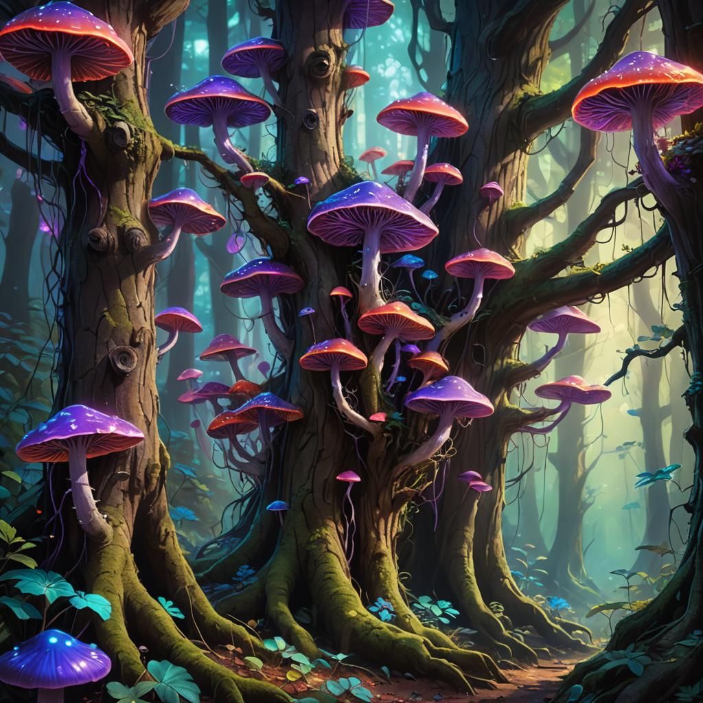 Neon Mushrooms on Tree in Vibrant Forest