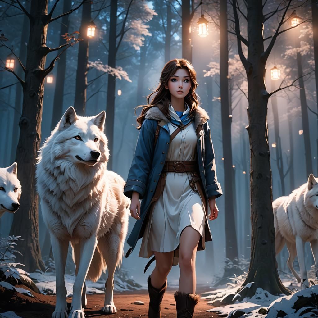 Girl and White Wolf in Vibrant 3D Anime Art