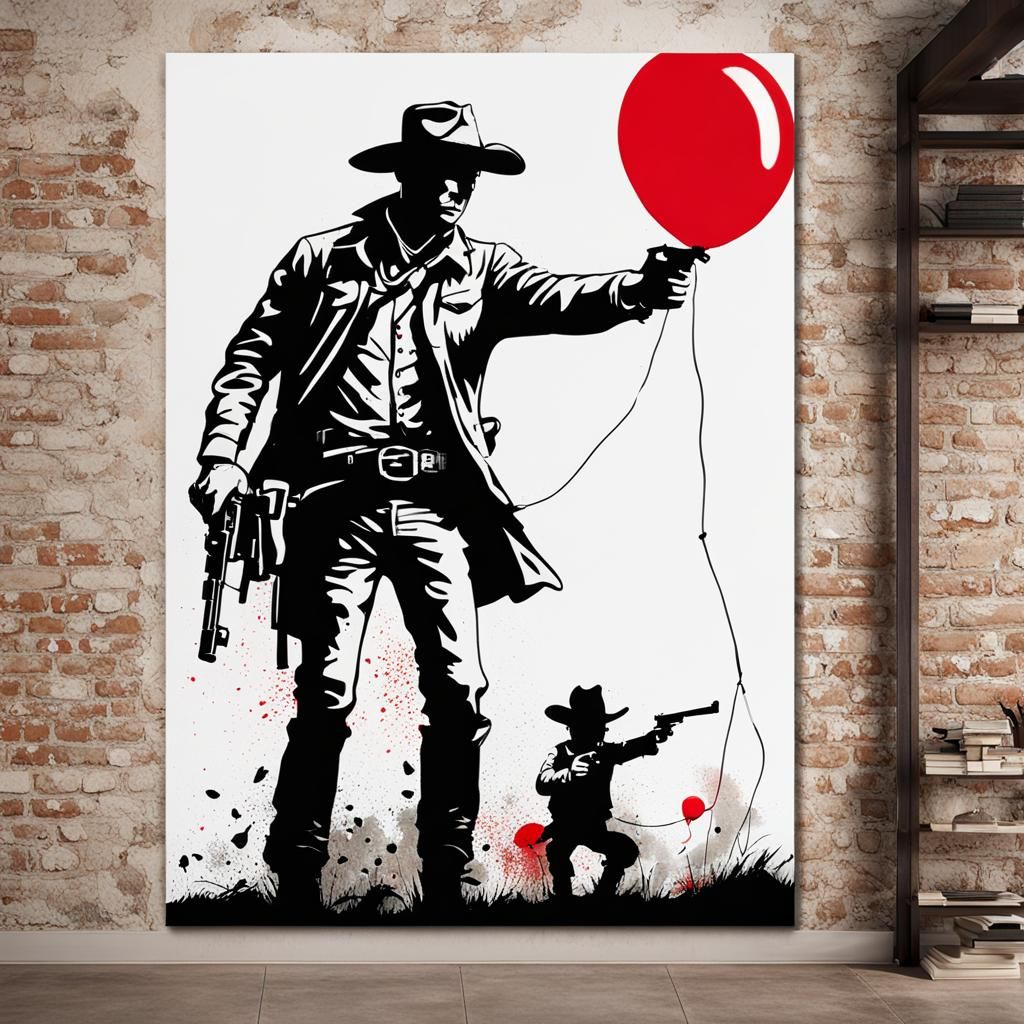 Cowboy and Red Balloon in Banksy-Style Ink