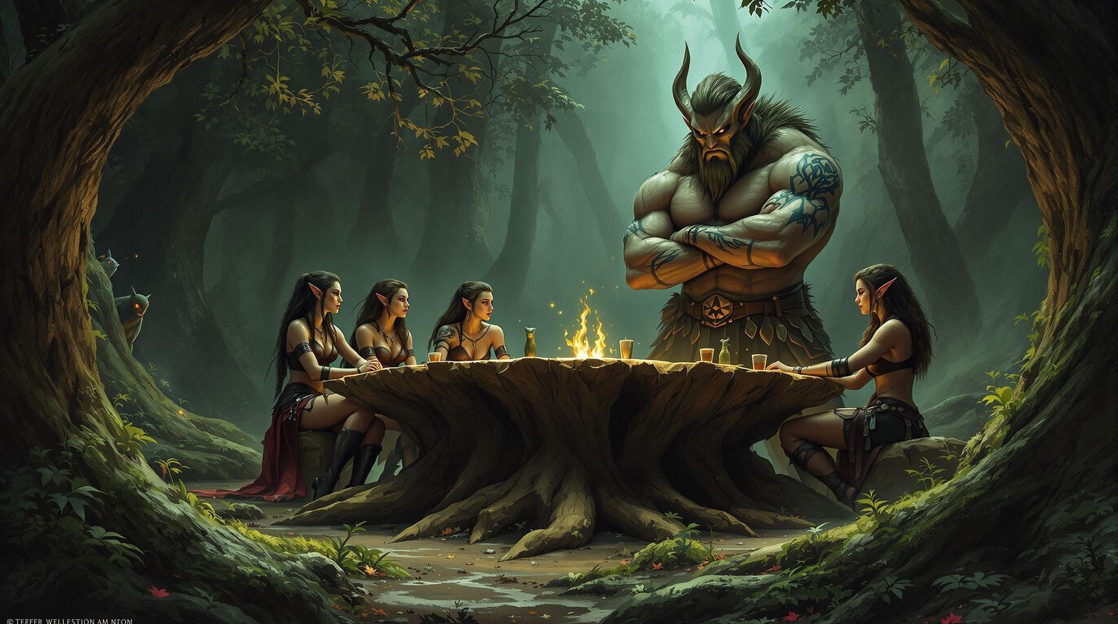 Elf Warriors Meeting in Misty Forest, Impressionist Style