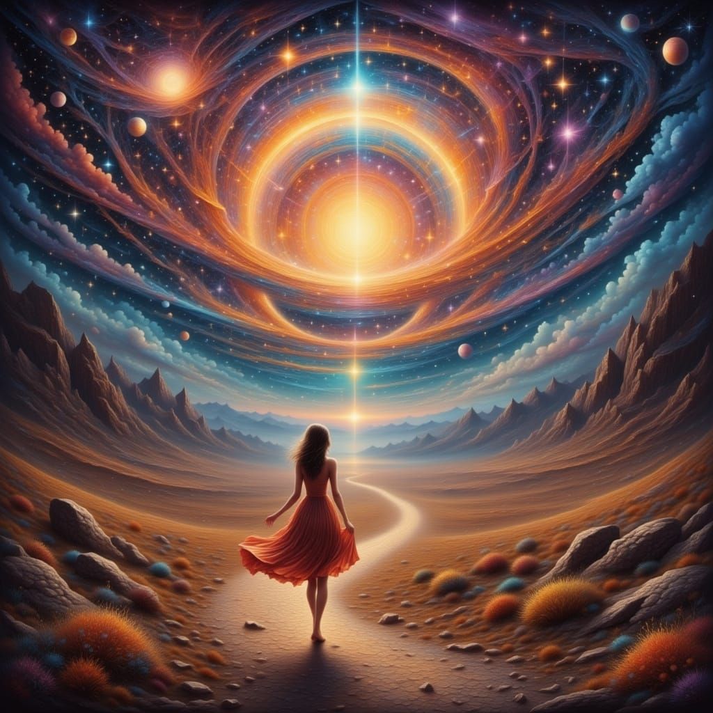 Lone Woman Gazes at Cosmic Ring in Surreal Desert