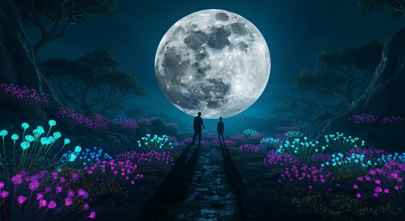 Surreal Japanese Myth: Bioluminescent Moonlit Landscape