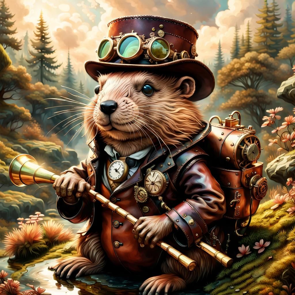 Steampunk Beaver with Carved Sticks in Fantasy Setting