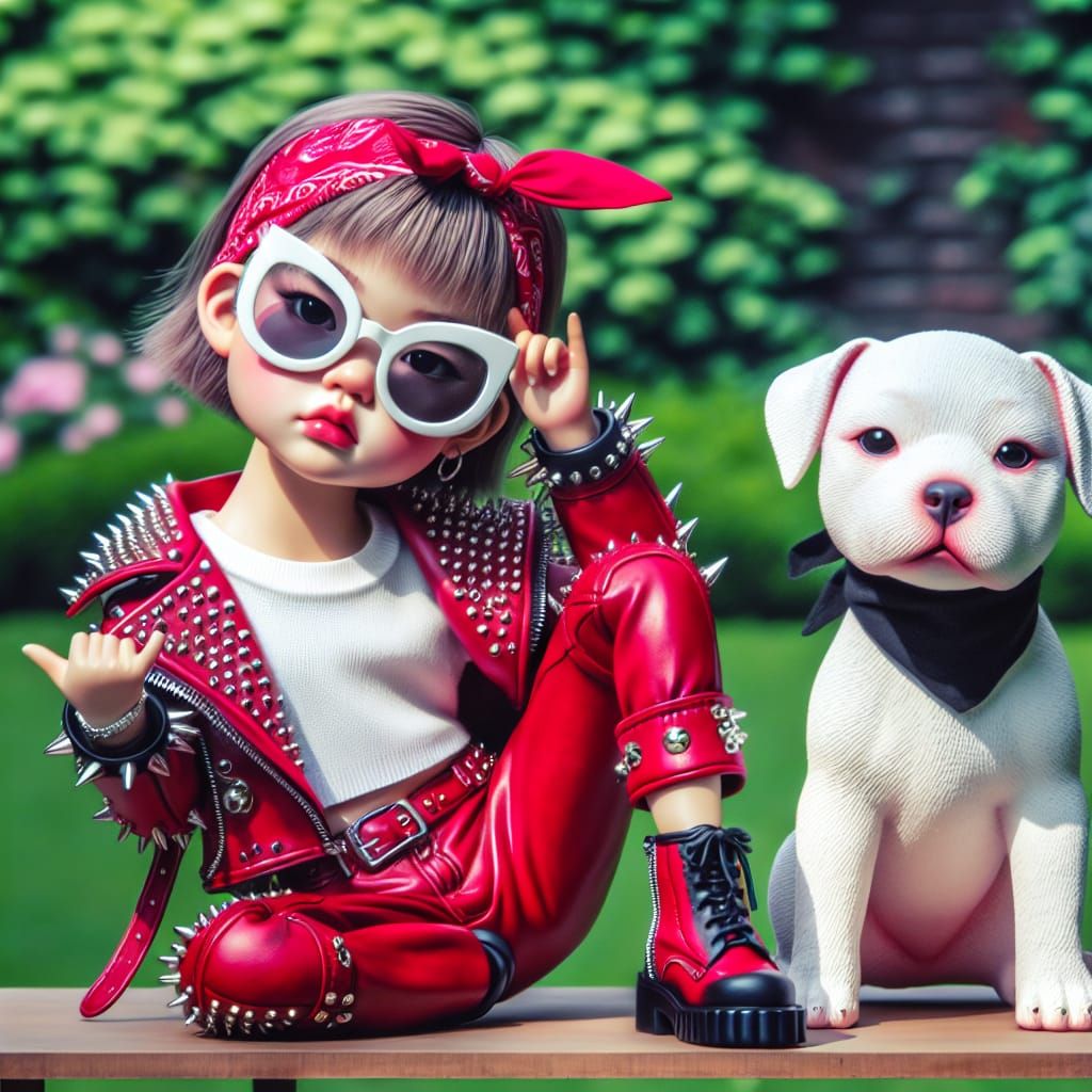 Stylish Girl with Pitbull in Whimsical Outdoor Scene