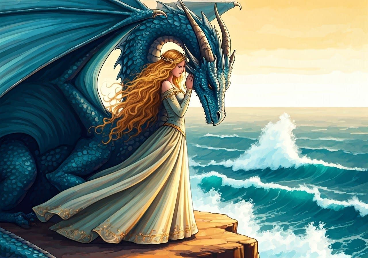 Princess and Dragon Embrace in Ink and Watercolor