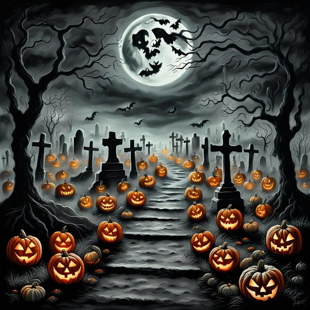 Spooky Graveyard Path with Jack-o'-Lanterns