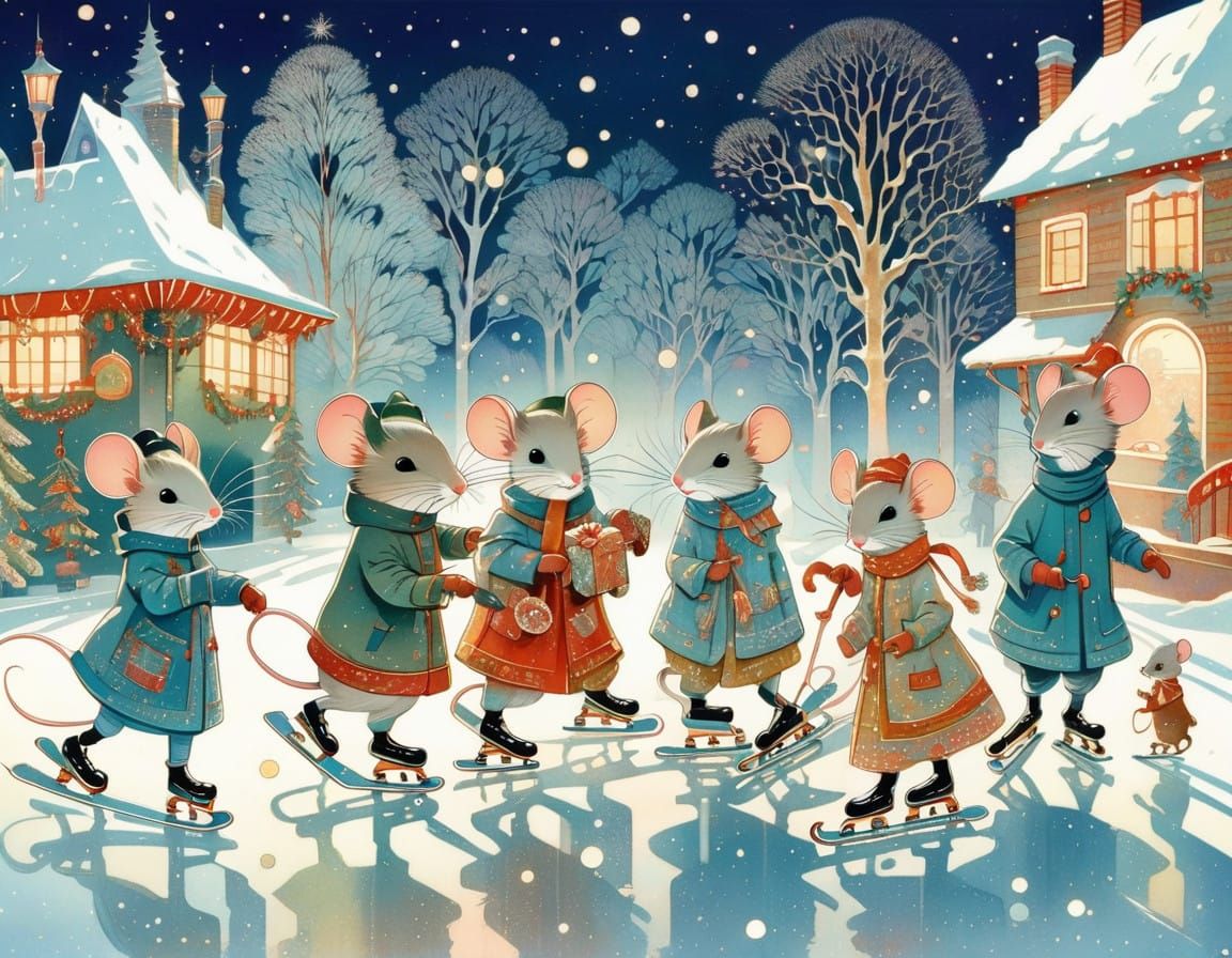 Victorian Mice Family Ice Skating Scene in Winter
