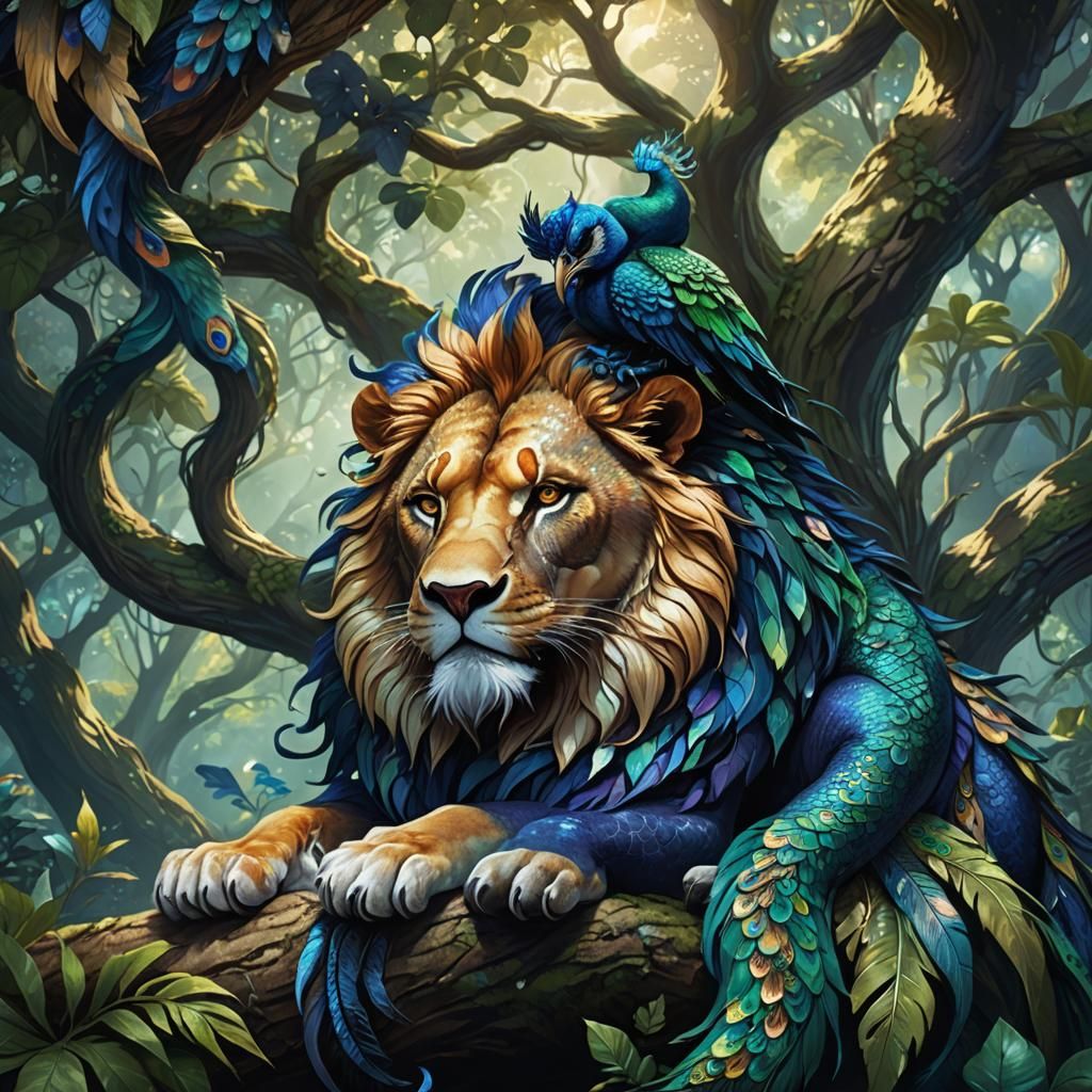 Lion Dragon Hybrid with Peacock Tail in Jungle