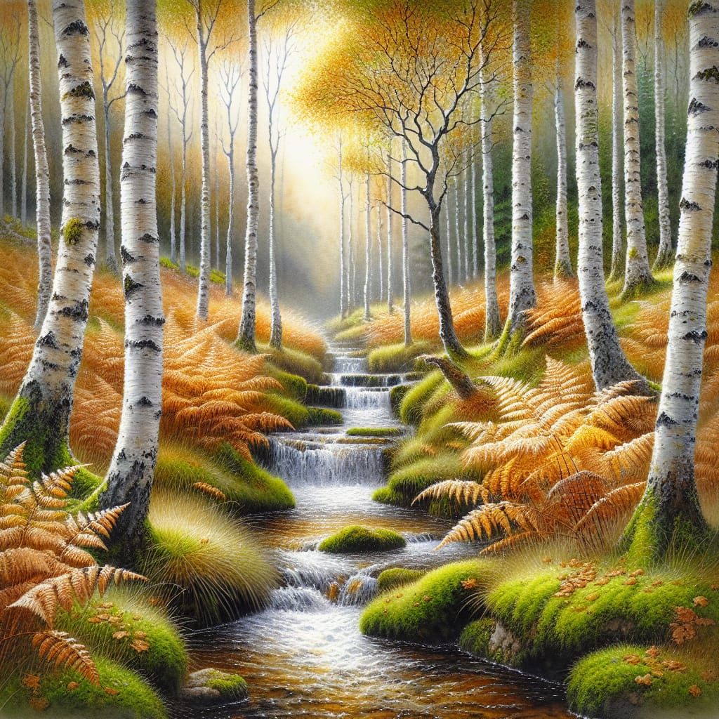 Watercolor Autumn Stream Through Birch Woodland