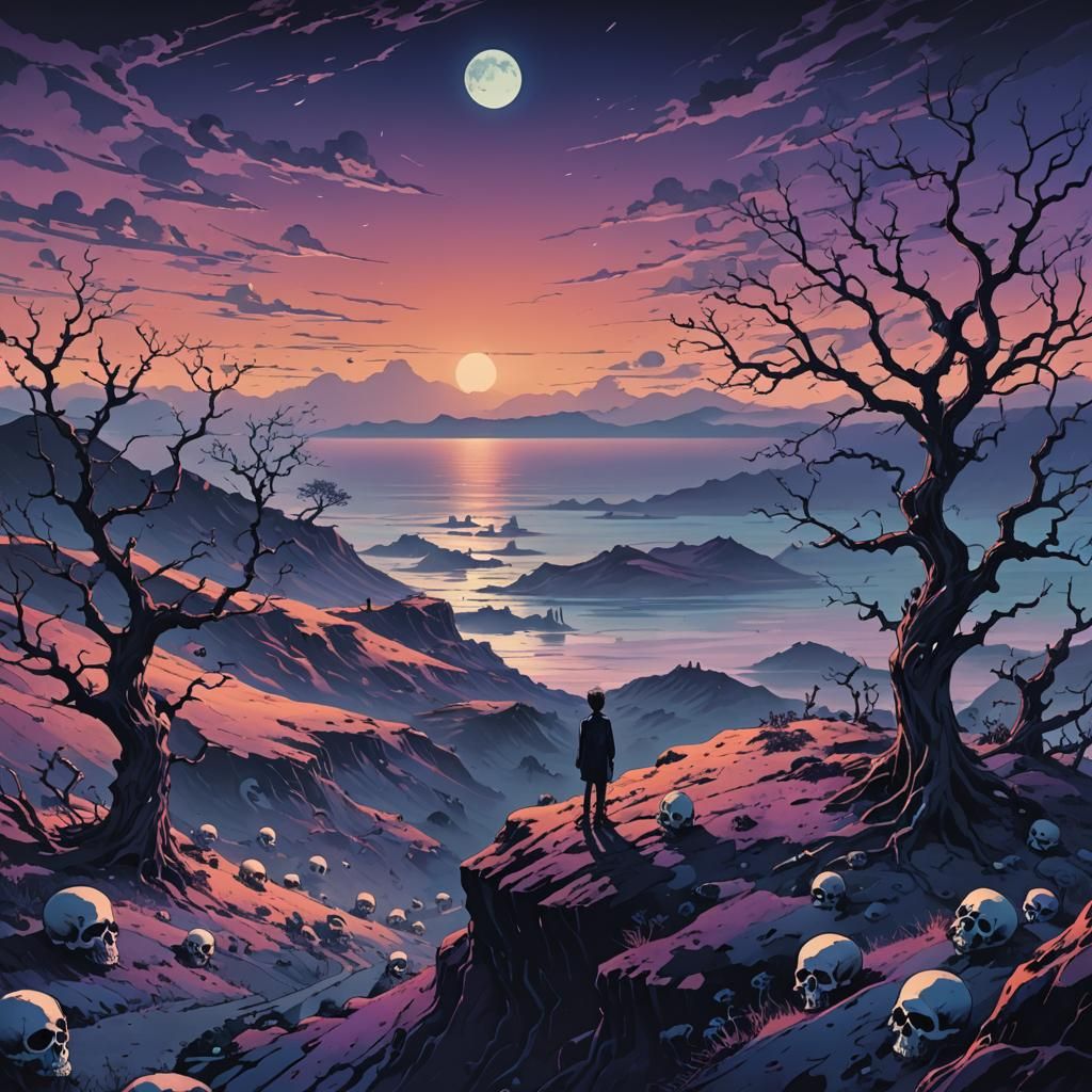 Surreal Anime Figure Overlooking Dark Ocean