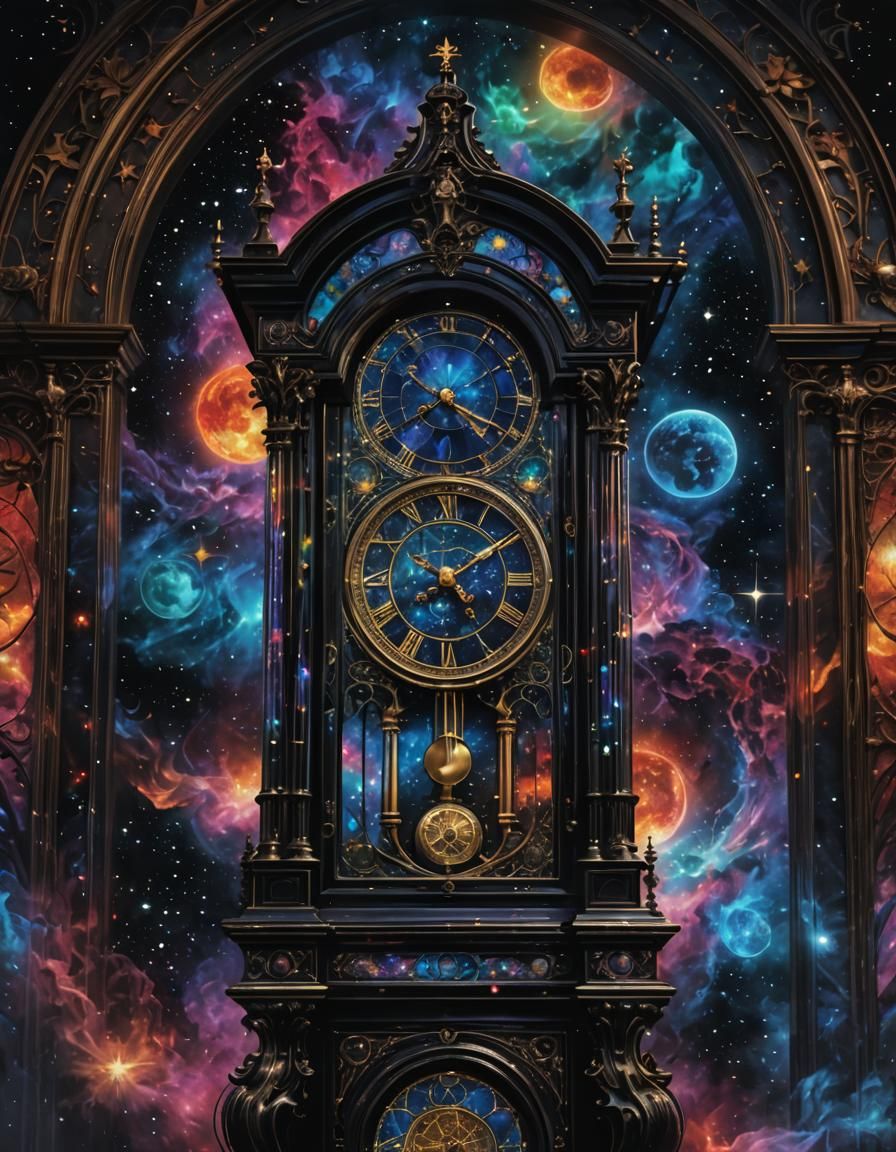 Gothic Grandfather Clock in Cosmic Space