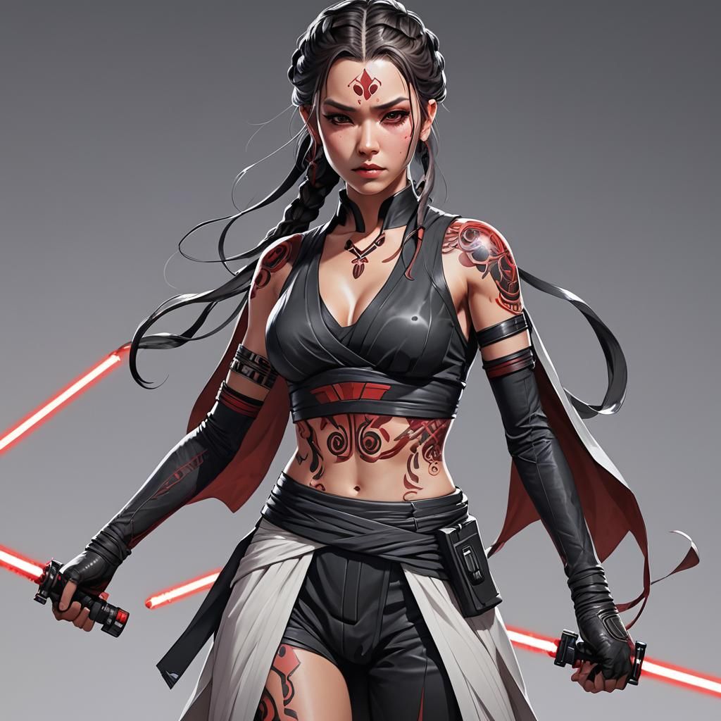 Female Sith Warrior with Red Lightsaber in Anime Style