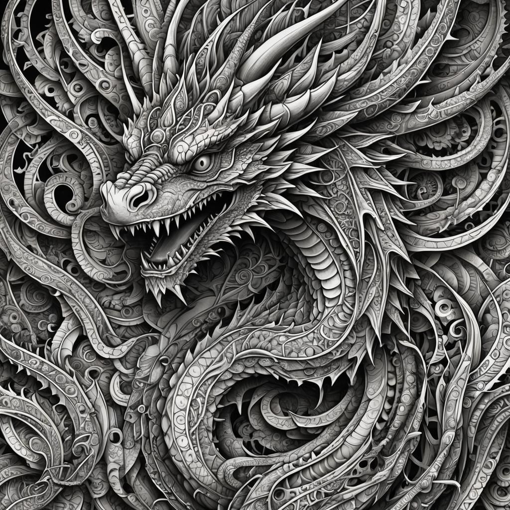 Detailed Dragon Coloring Page with Geometric Linework