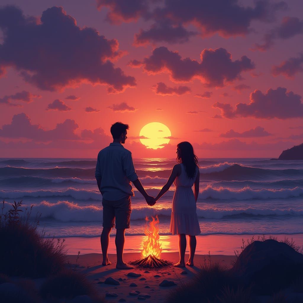 Romantic Sunset Beach Scene in Dreamy Watercolor Style