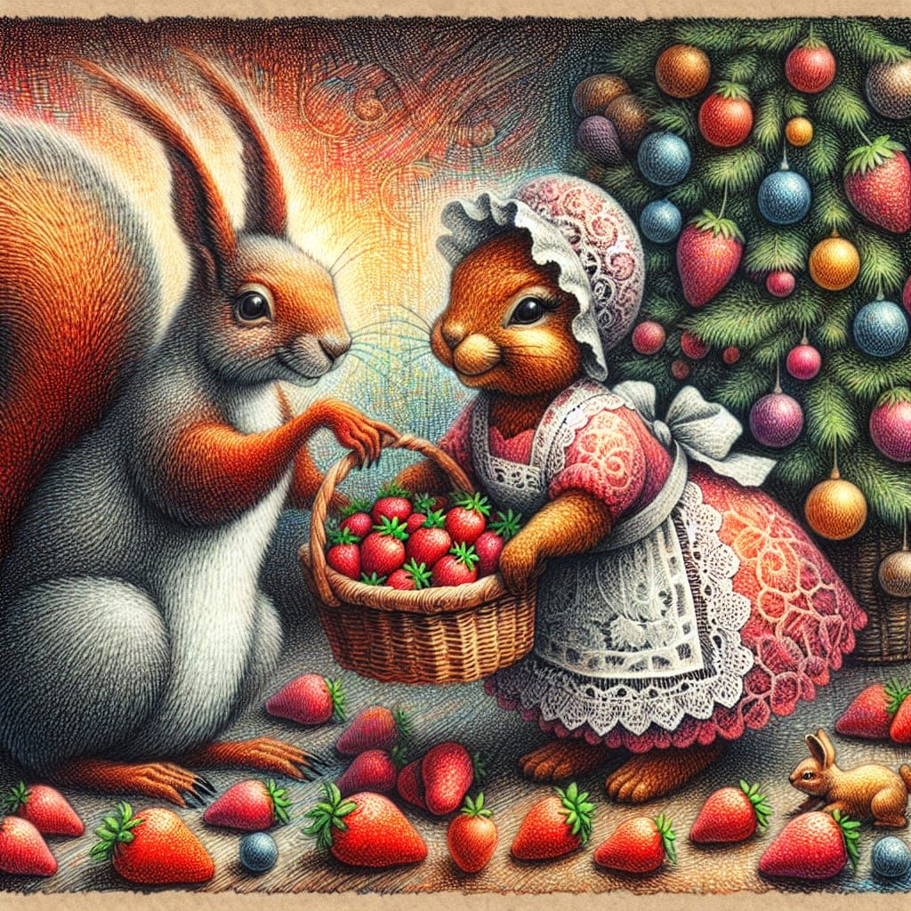 Squirrel and Hare Enjoy Strawberries Amidst a Whimsical Wint...