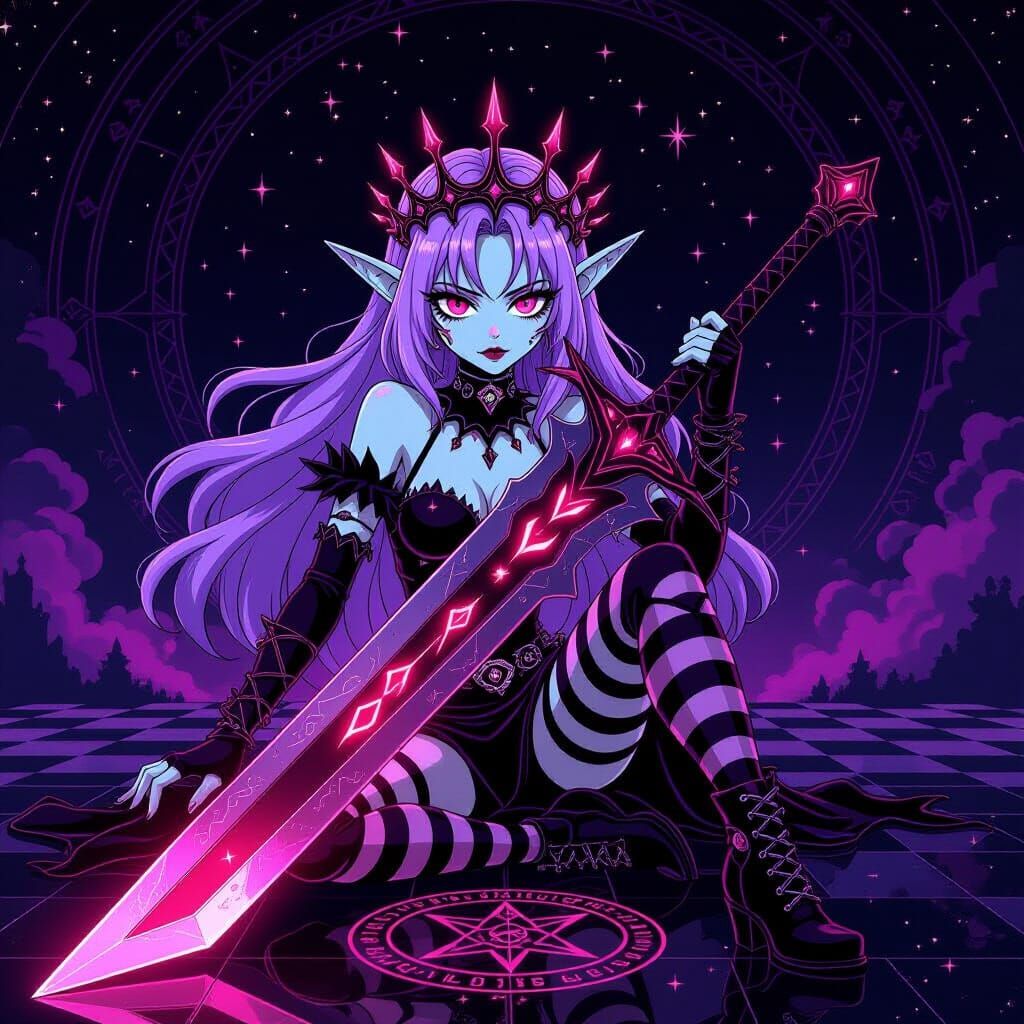 Pale Elf Princess with Glowing Sword in Galaxy