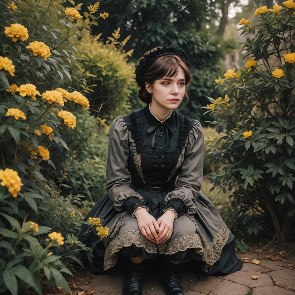 Victorian Girl Crouching in Bushes, Gothic Style
