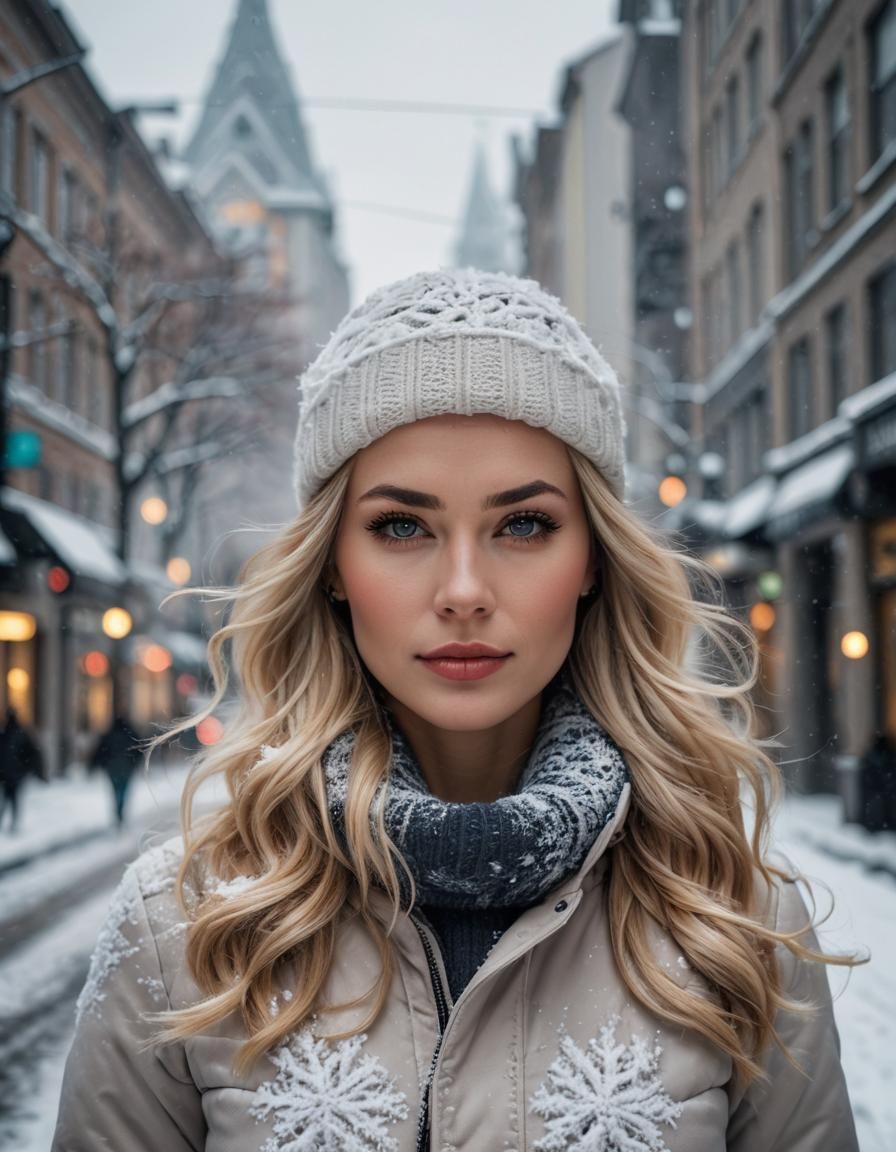 Gorgeous Norwegian Girl in Snowy City Street