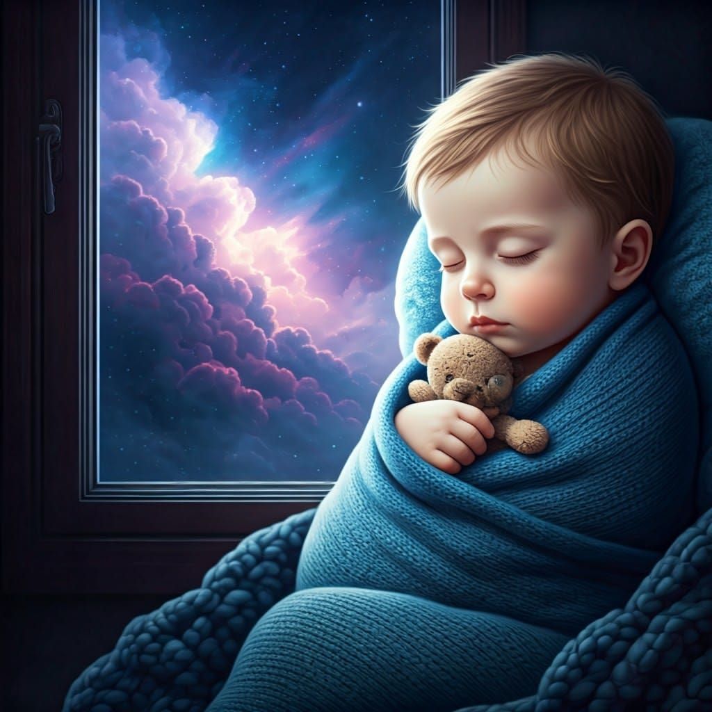 Baby Boy Sleeping with Teddy Bear Under Starry Sky