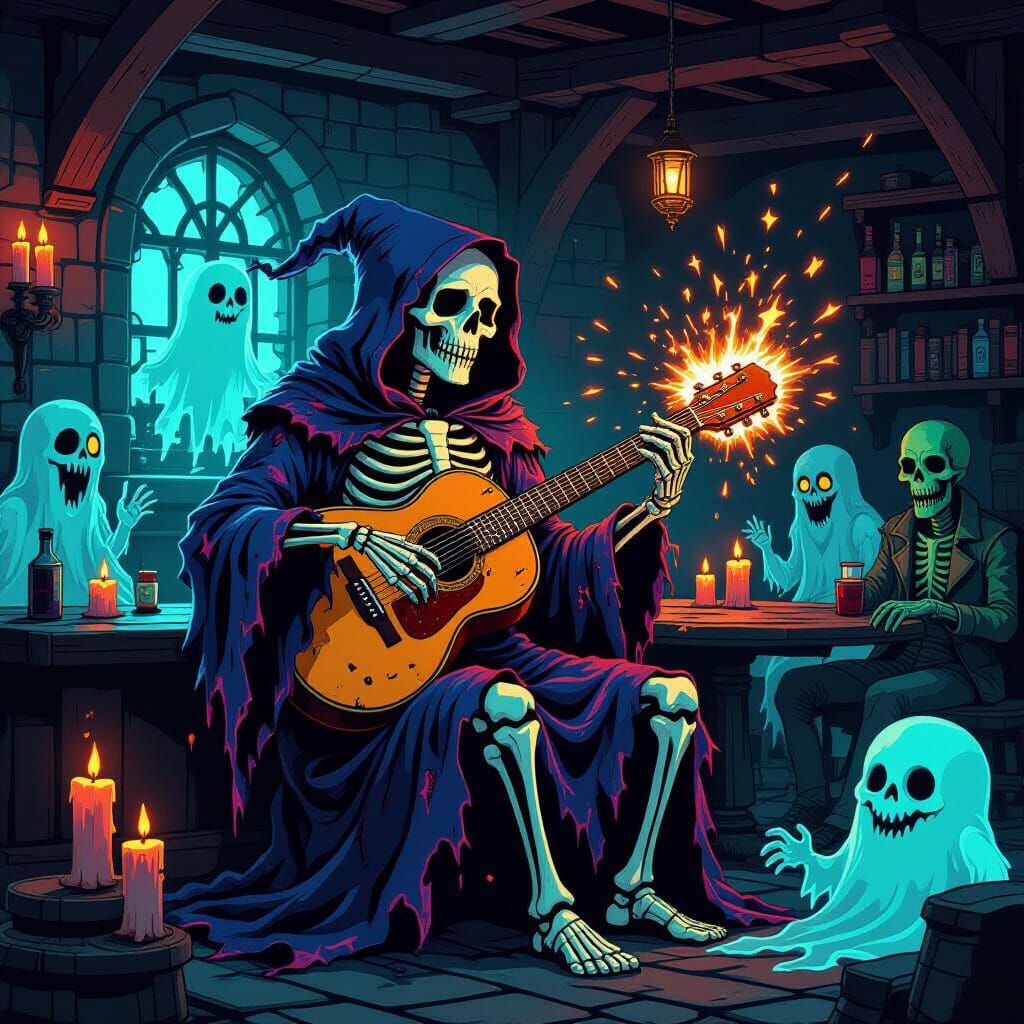 For the daily challenge, a portrait of a skeleton bard, his ...