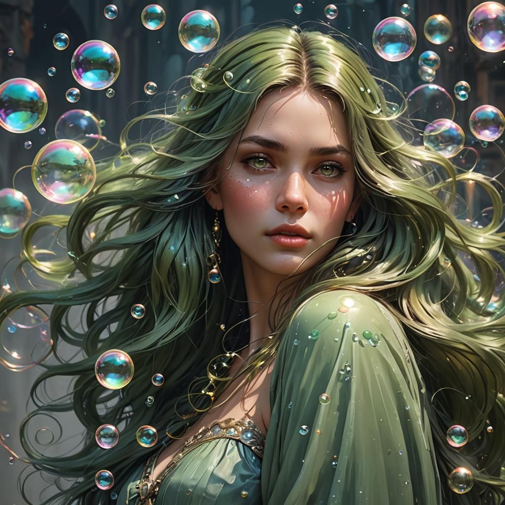 Green-haired Woman Portrait in Hyperdetailed Style