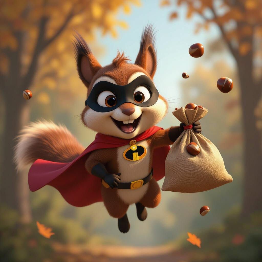 Squirrel Superhero in Flight: A 3D Pixar Rendition