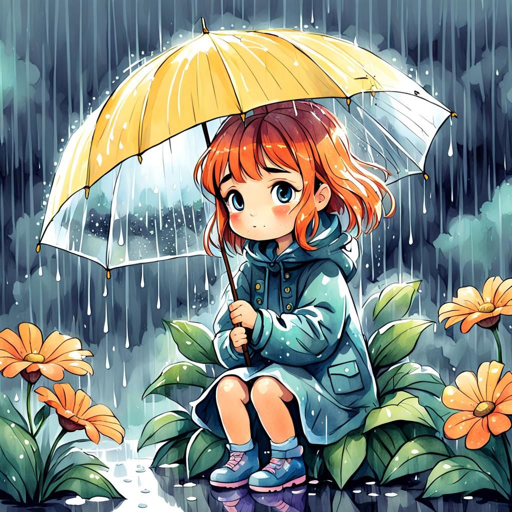 Girl Shelters from Rain Under Giant Flower, Watercolor Sketc...