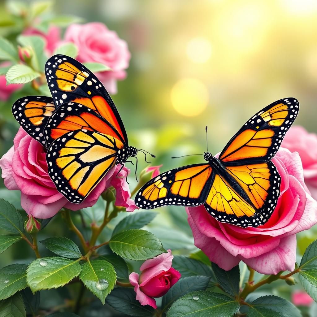 Monarch and Birdwing Butterflies on Rose Bush