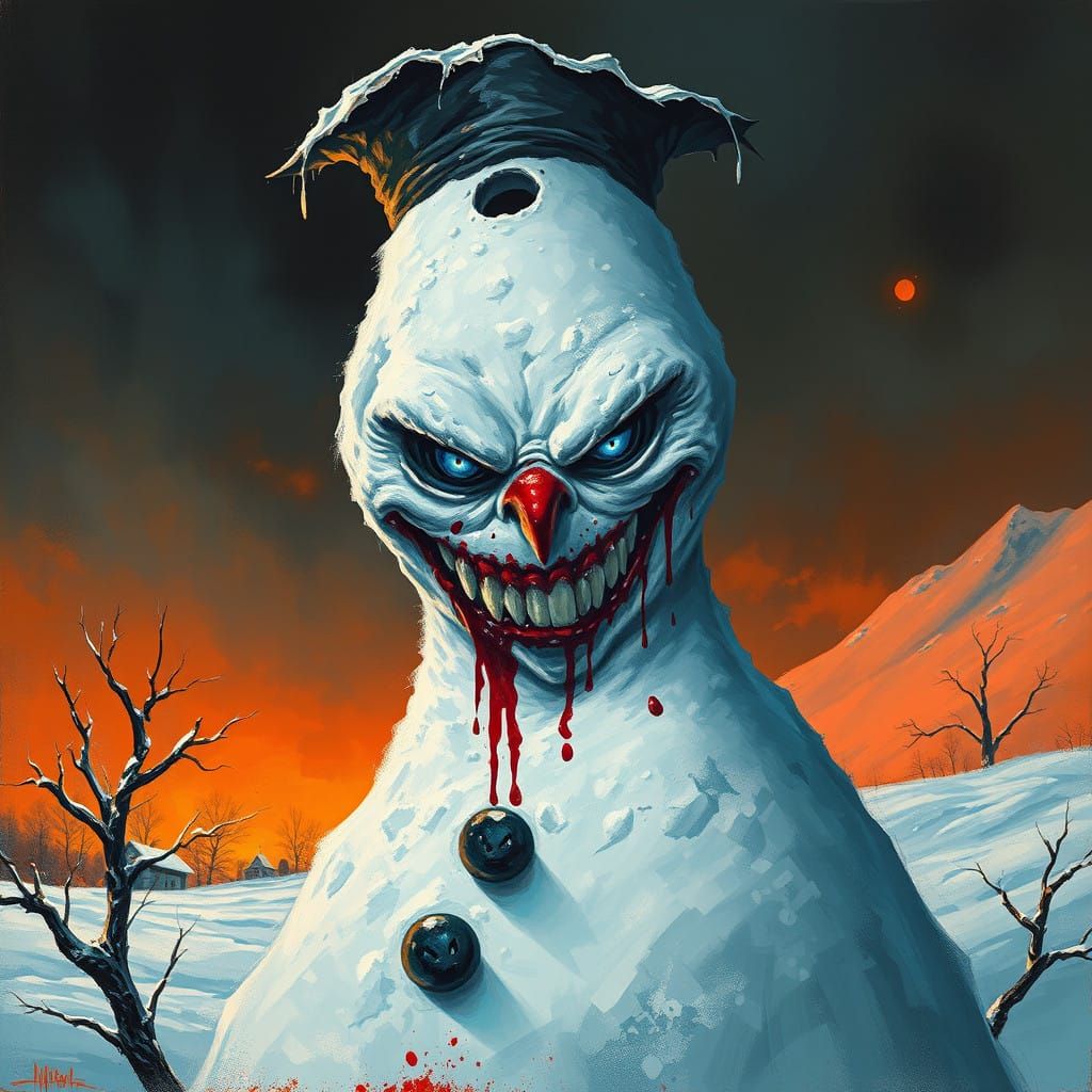 Gothic Snowman with Ketchup Smeared Face and Icy Teeth